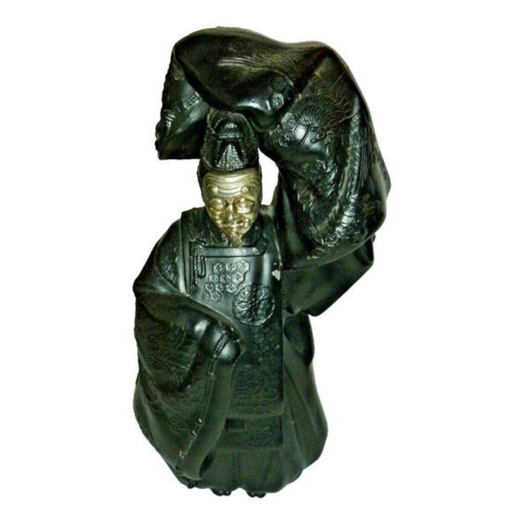 Large Vintage 14" Japanese Cast Metal Okina Noh‎ Actor Statue Black Gold Bronze